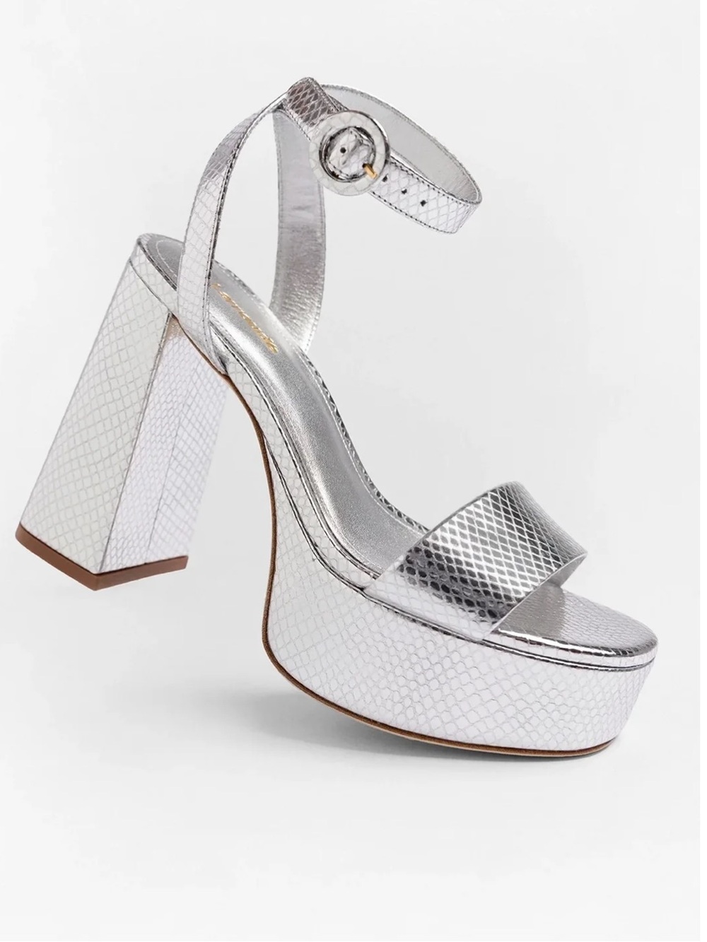 Larroude Heels Dolly Platform Metallic on Silver  Snake Print
